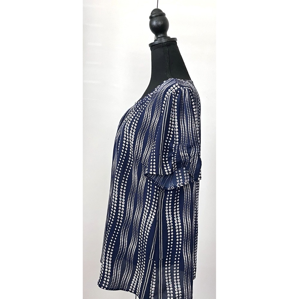 Talbots Wavy Dot Blouse XL | Blue Keyhole Short Sleeve Polished Casual Top - Picture 6 of 8